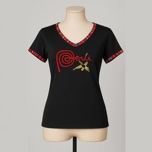 Peru Embroidered Pima Cotton Tee XXL Black Andean Trim Graphic Top